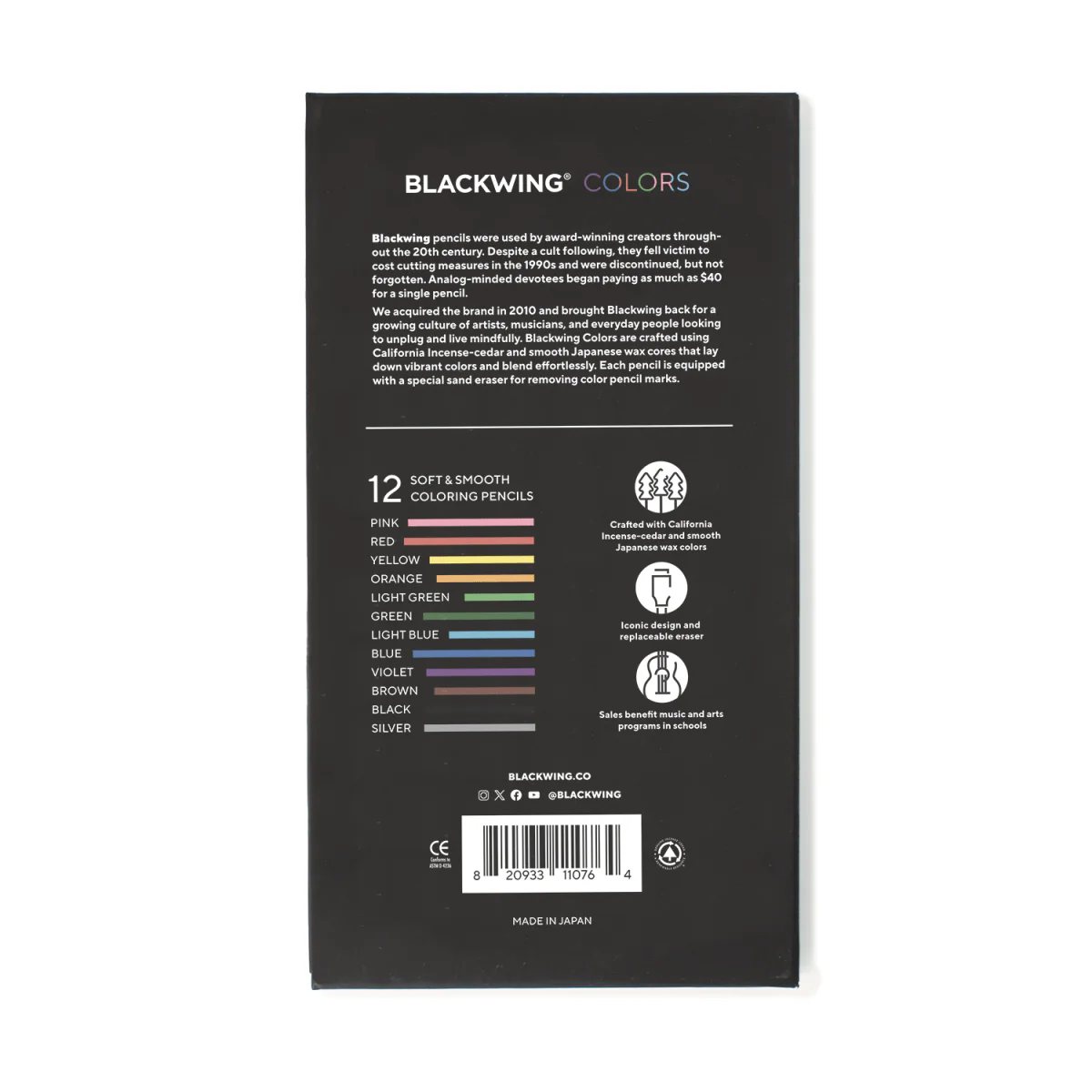 Back of a Blackwing Colors pencil set packaging with color swatches and branding information.