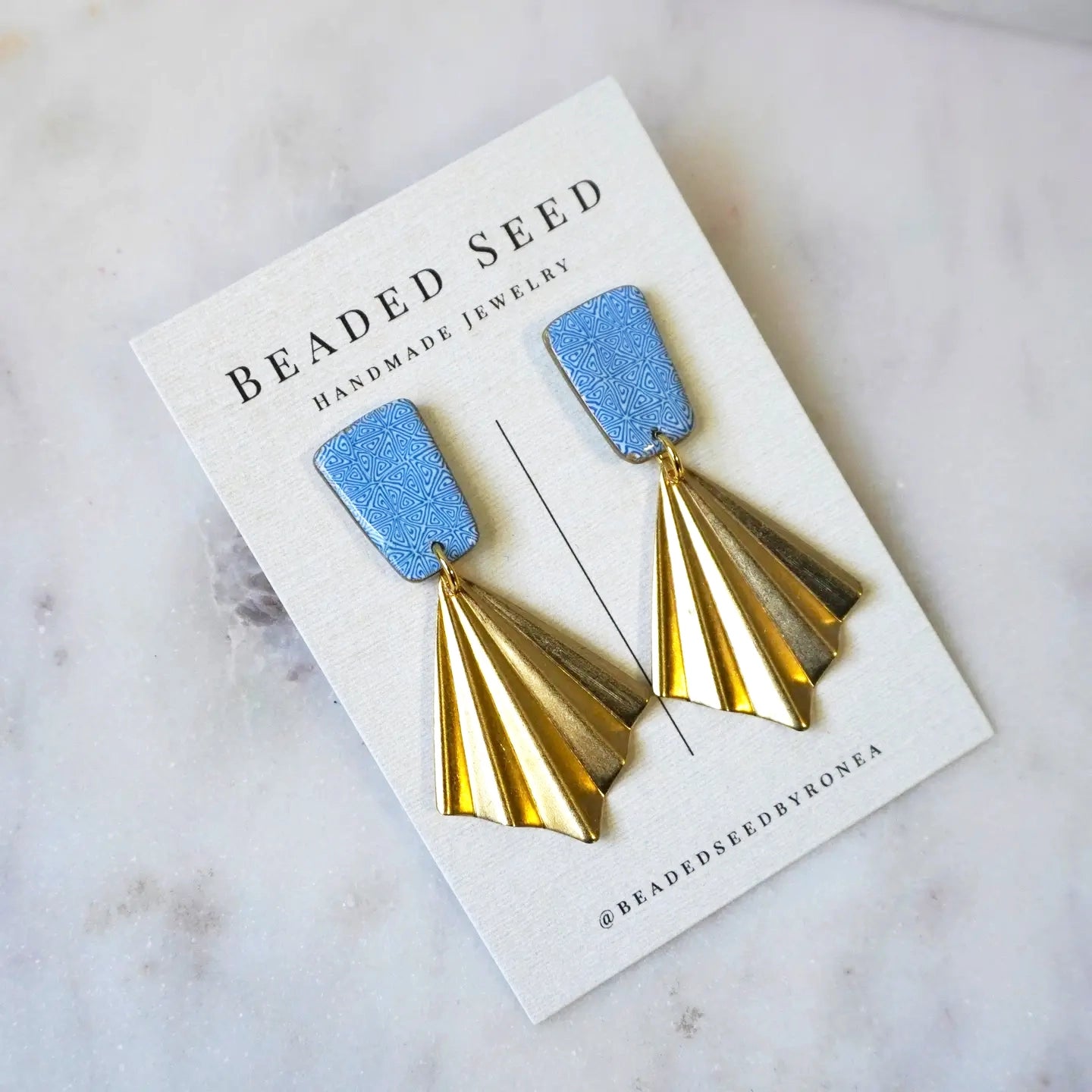 Art Deco Blue Tile & Brass Dangle Earrings