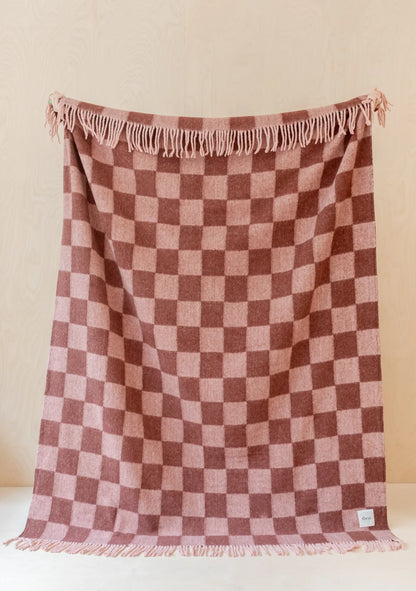 Recycled Brushed Wool Pink Checkerboard Throw Blanket