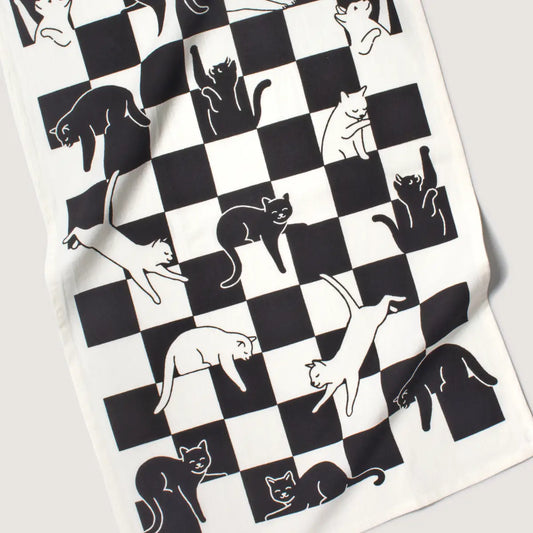 Checkered Cat Screen Printed Tea Towel