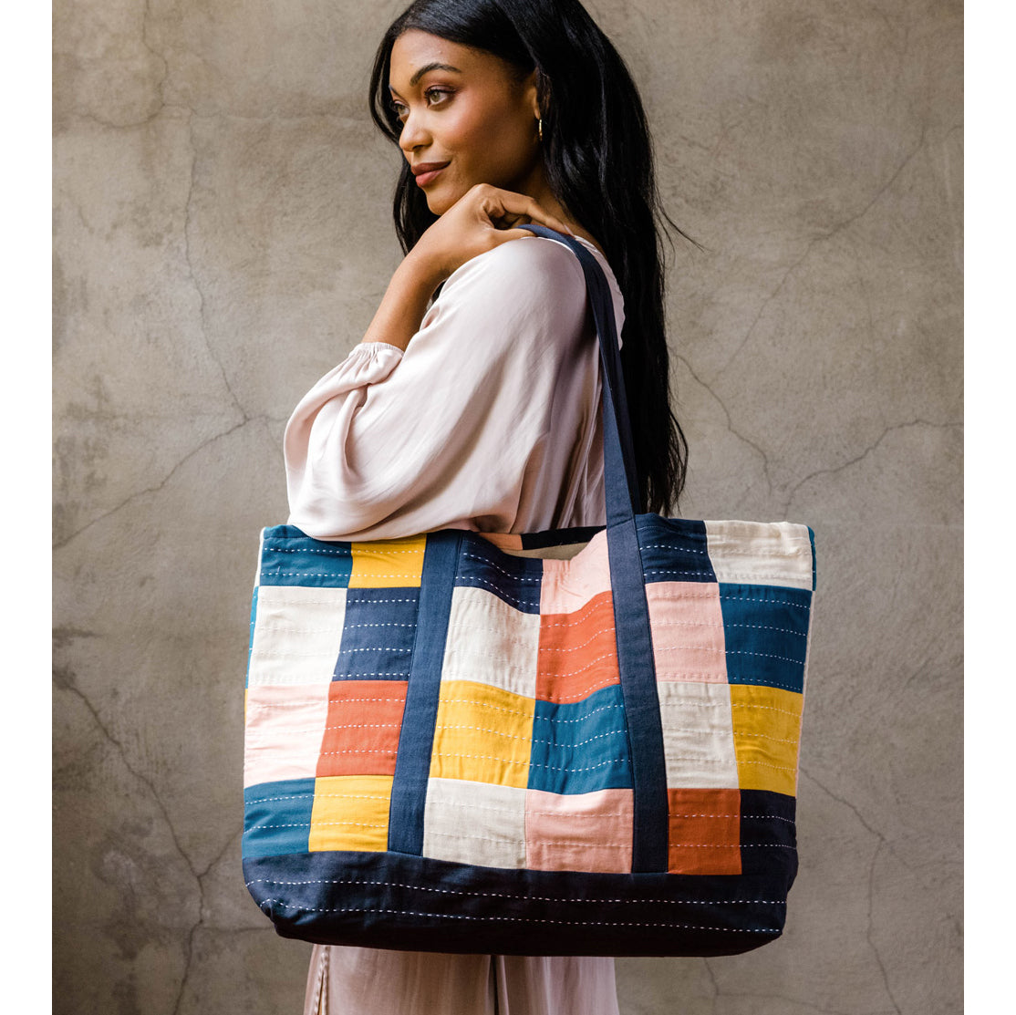 Checkered Stitched Tote Bag