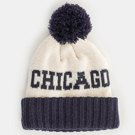 Chicago Block Letter Two-Tone Knit Adult Pom Beanie Hat