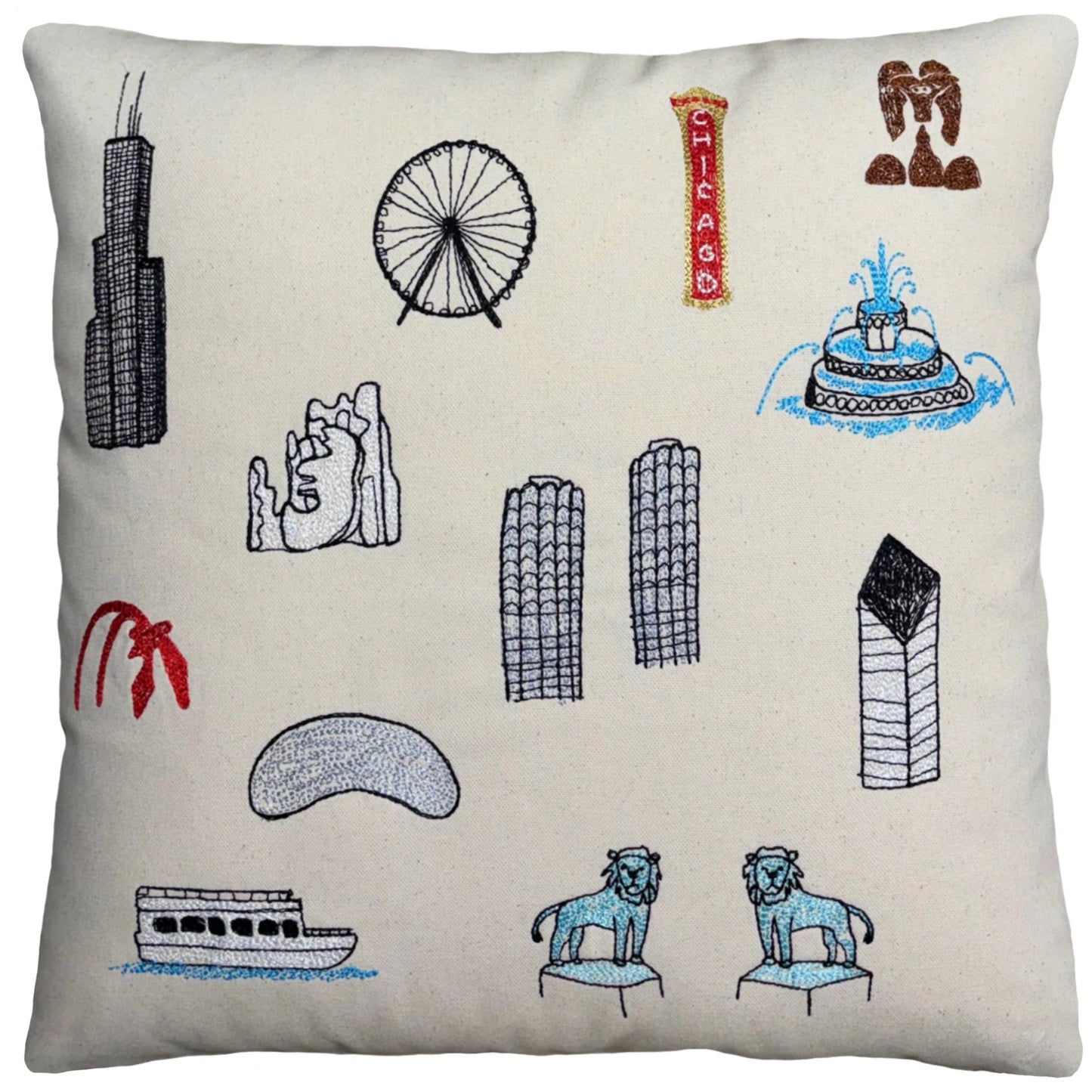Chicago Color Icons Embroidered 18" Throw Pillow