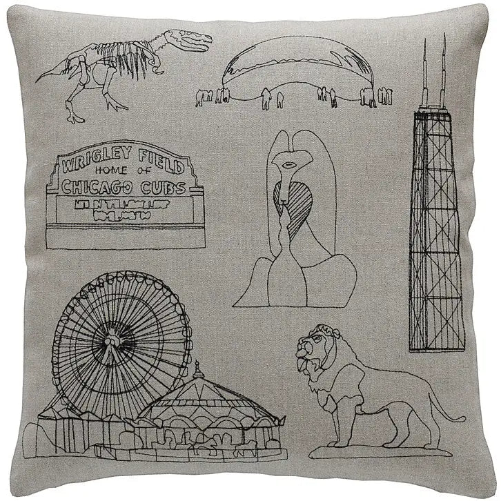Chicago Places Black & Beige Embroidered Throw Pillow