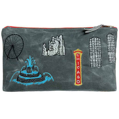 Embroidered Chicago Icons 12" Canvas Zipper Pouch