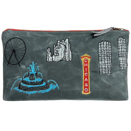 Embroidered Chicago Icons 12" Canvas Zipper Pouch