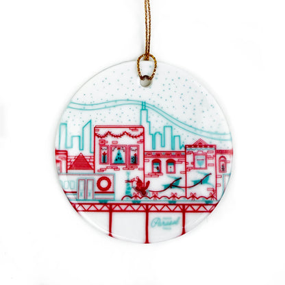 Chicago Holiday El Train Round Ceramic Ornament