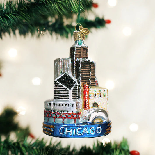 Chicago Skyline with Bean and Theater Sign Glass Ornament