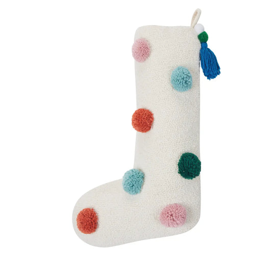 Colorful Poms Hooked Wool Holiday Stocking with Tassel