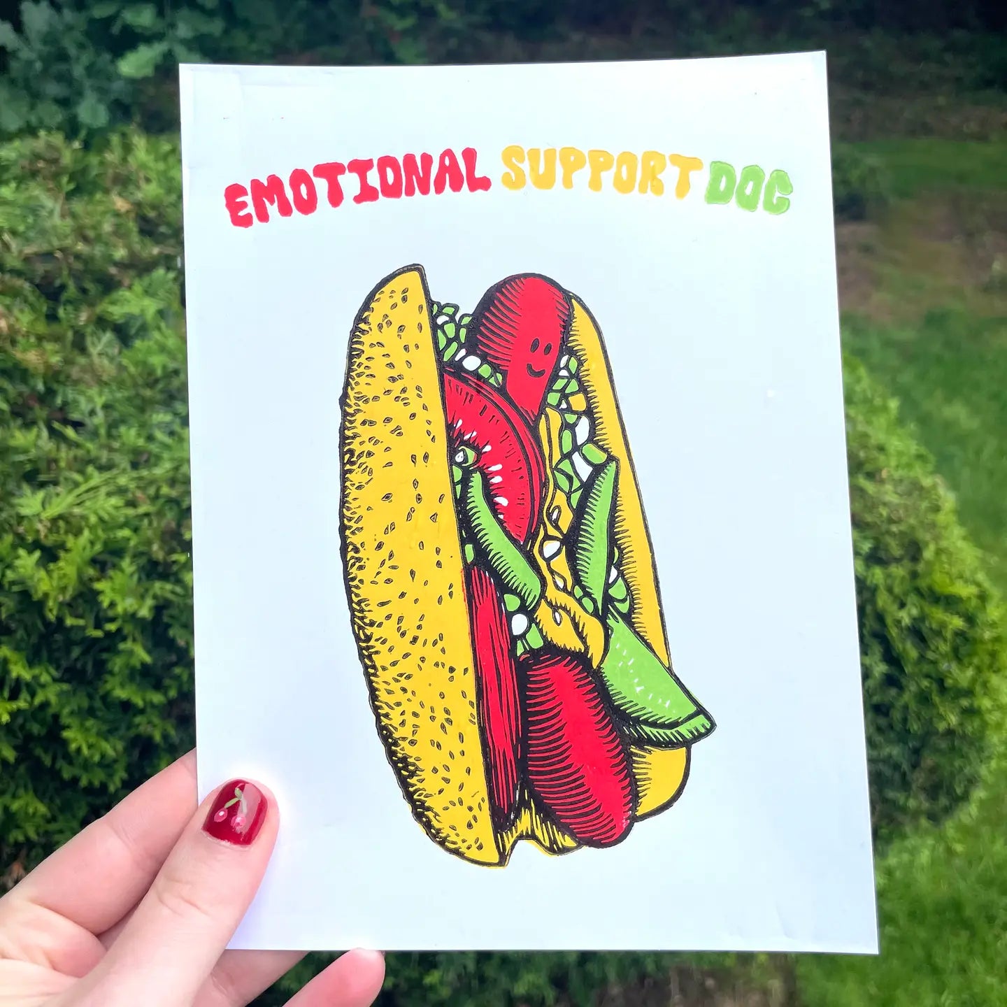 Emotional Support Chicago Dog 6" x 8" Linocut Art Print