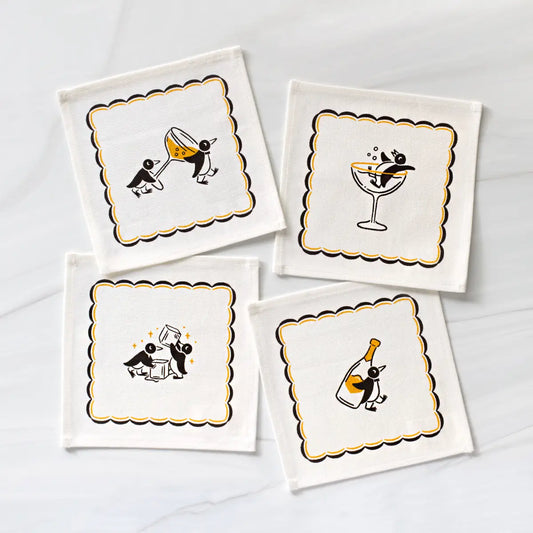 Champagne Penguins Screen Printed Cocktail Napkins (Set of 4)