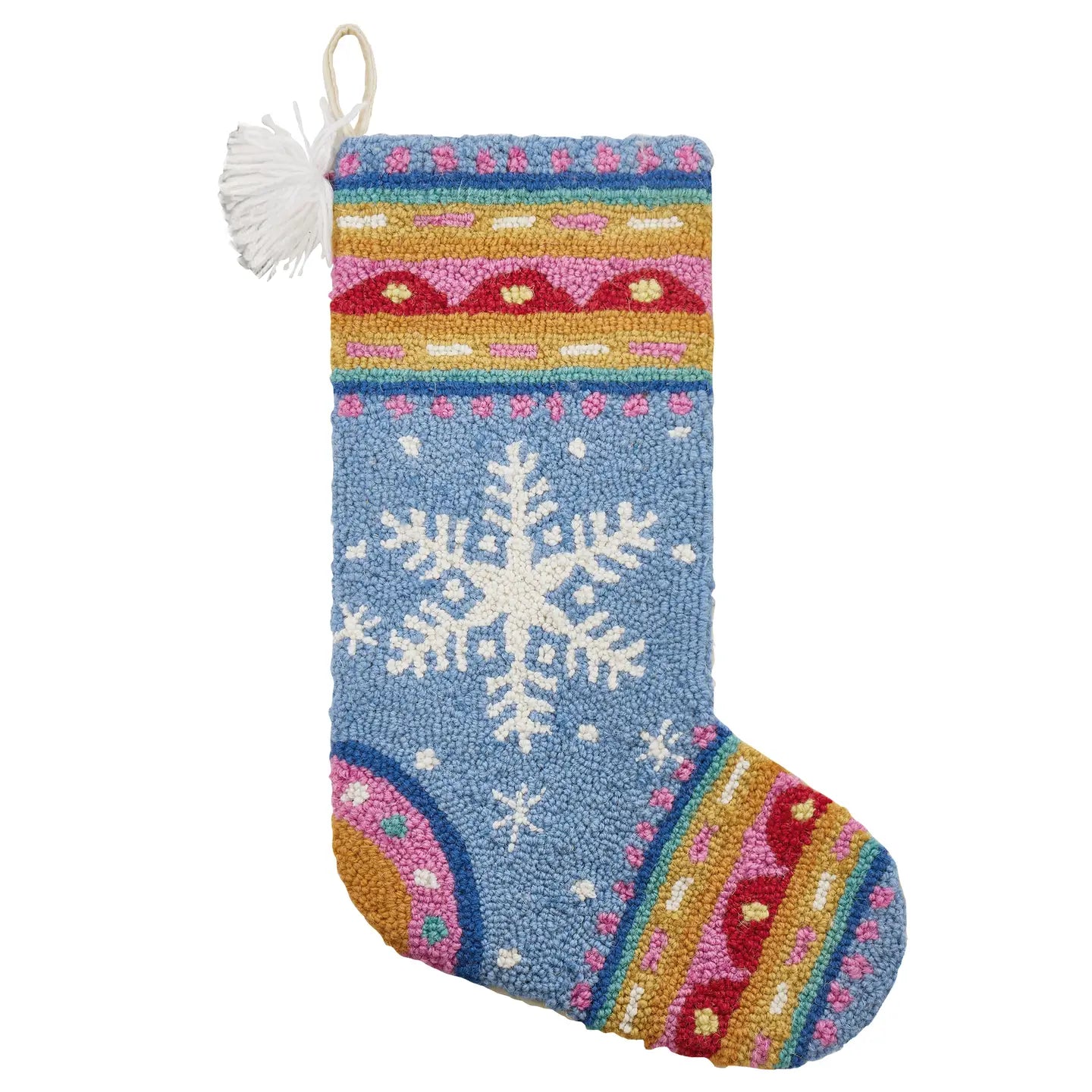 Fair Isle Snowflake Hooked Wool Holiday Stocking with Tassel