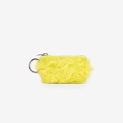 Yellow textured pouch with a keyring on a white background