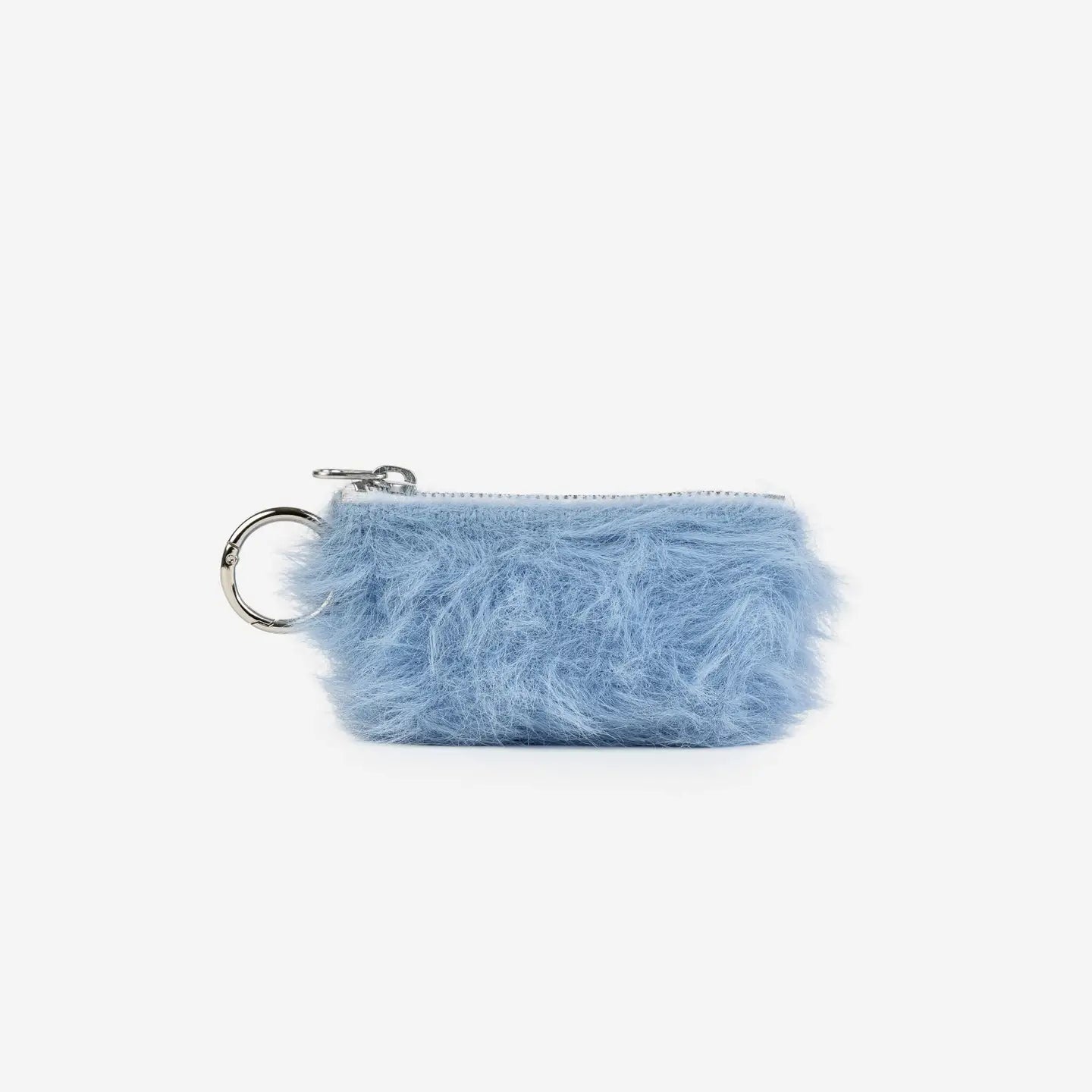 Blue fluffy pouch with a keychain on a white background