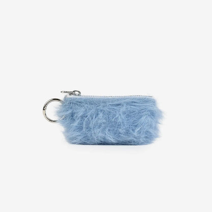 Blue fluffy pouch with a keychain on a white background