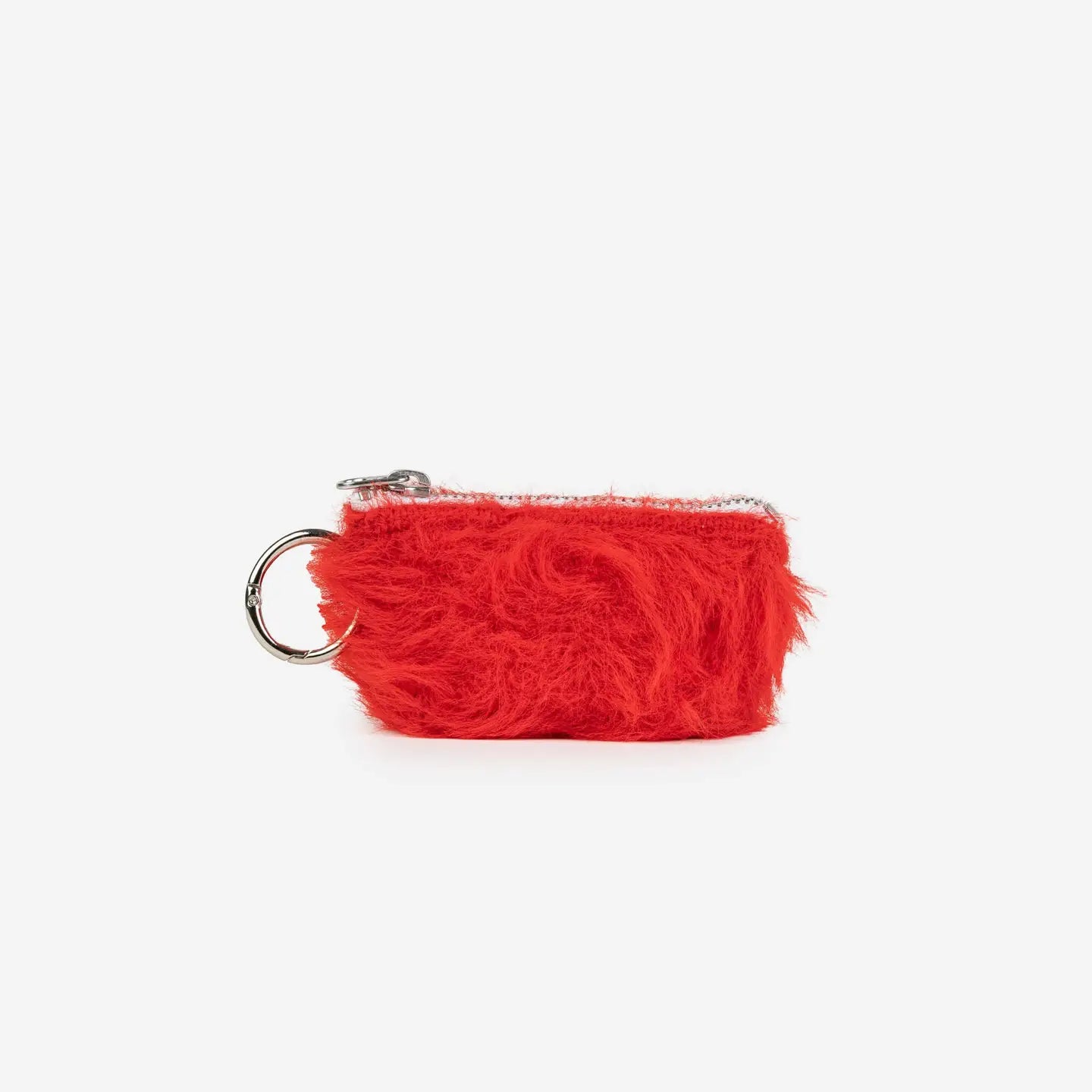 Red furry keychain pouch on a white background