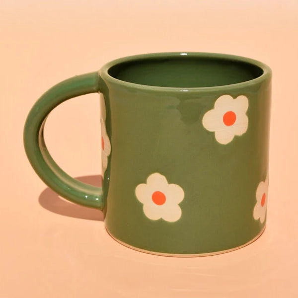 Sweet Green Flowers Wheel Thrown 16 Oz Mug