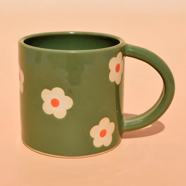 Sweet Green Flowers Wheel Thrown 16 Oz Mug