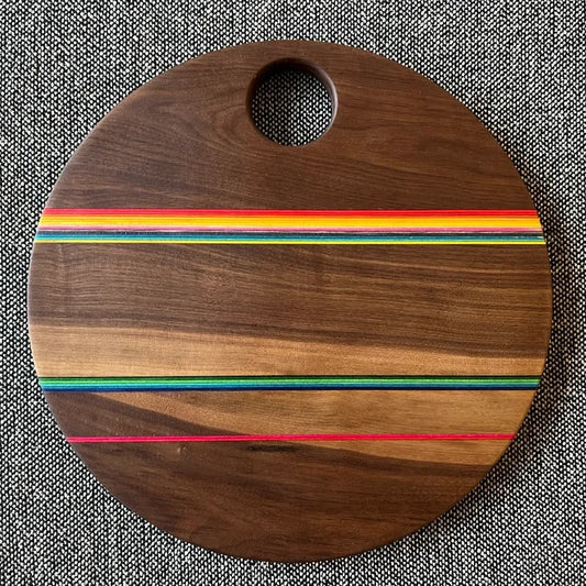 Round Walnut Wood Cutting or Serving Board With Colored Stripes
