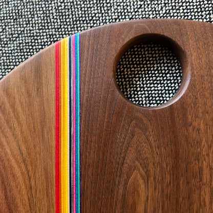 Round Walnut Wood Cutting or Serving Board With Colored Stripes