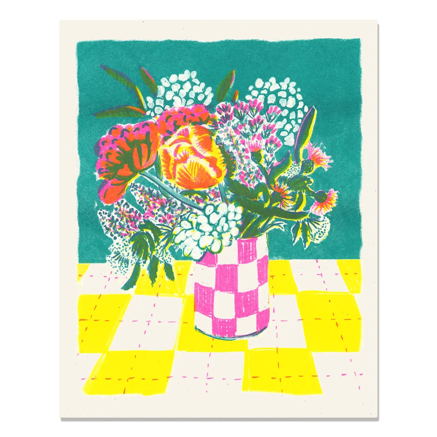 Hydrangea and Checks Risograph 8" x 10" Print