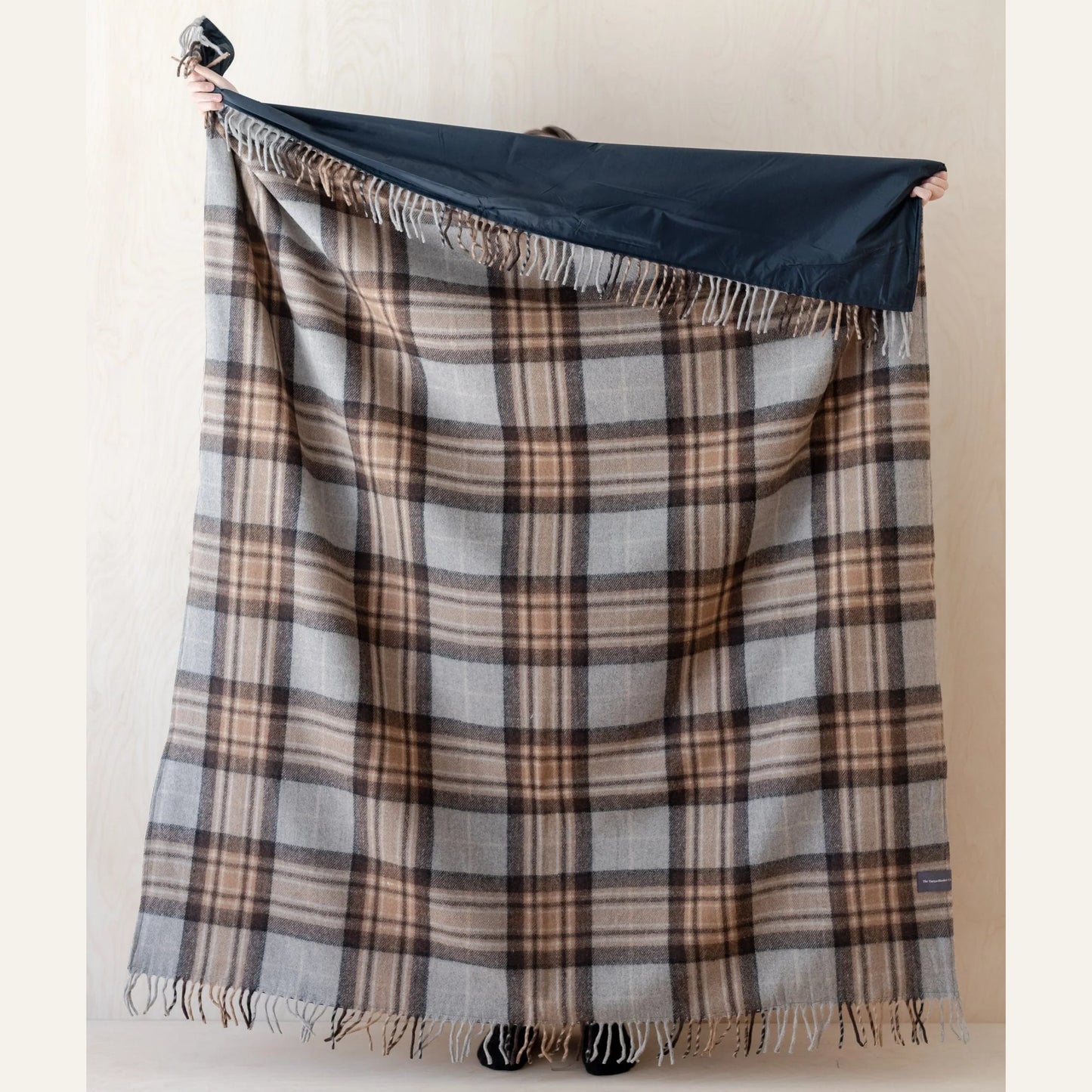 Recycled Wool Grey & Brown Plaid Picnic Throw Blanket with Handle
