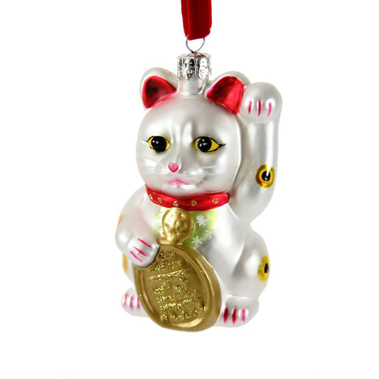 Maneki Neko Lucky Cat Glass Holiday Ornament