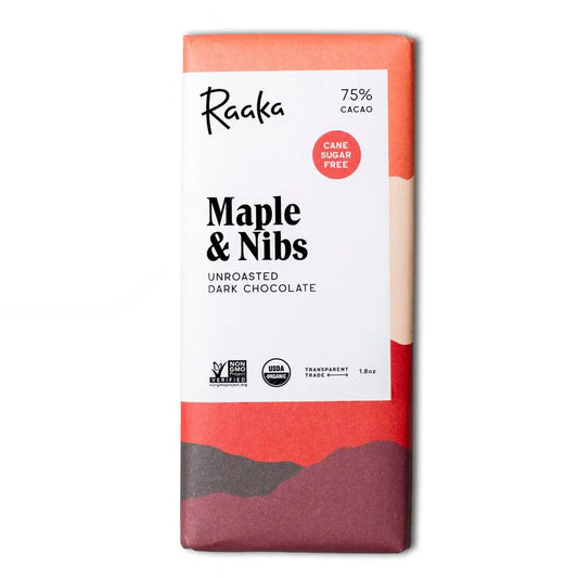 Maple and Nibs Unroasted 75% Dark Chocolate Bar