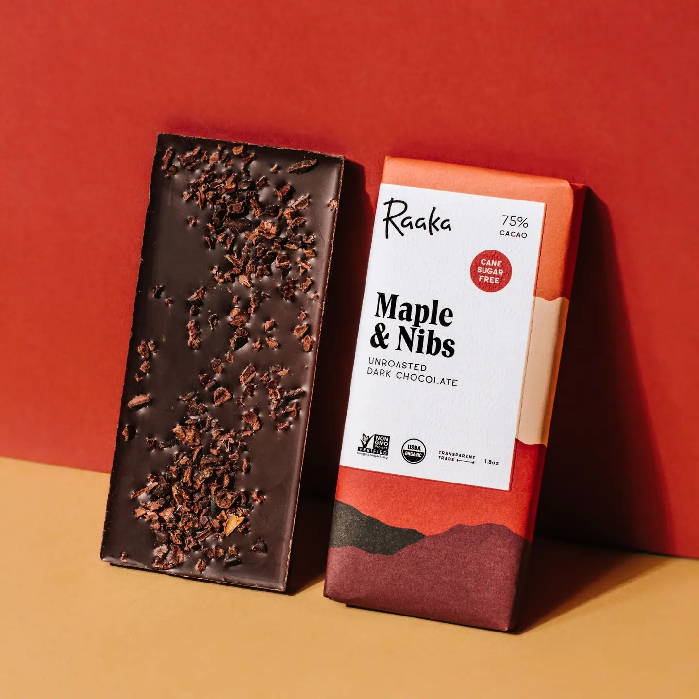 Maple and Nibs Unroasted 75% Cacao Chocolate Bar