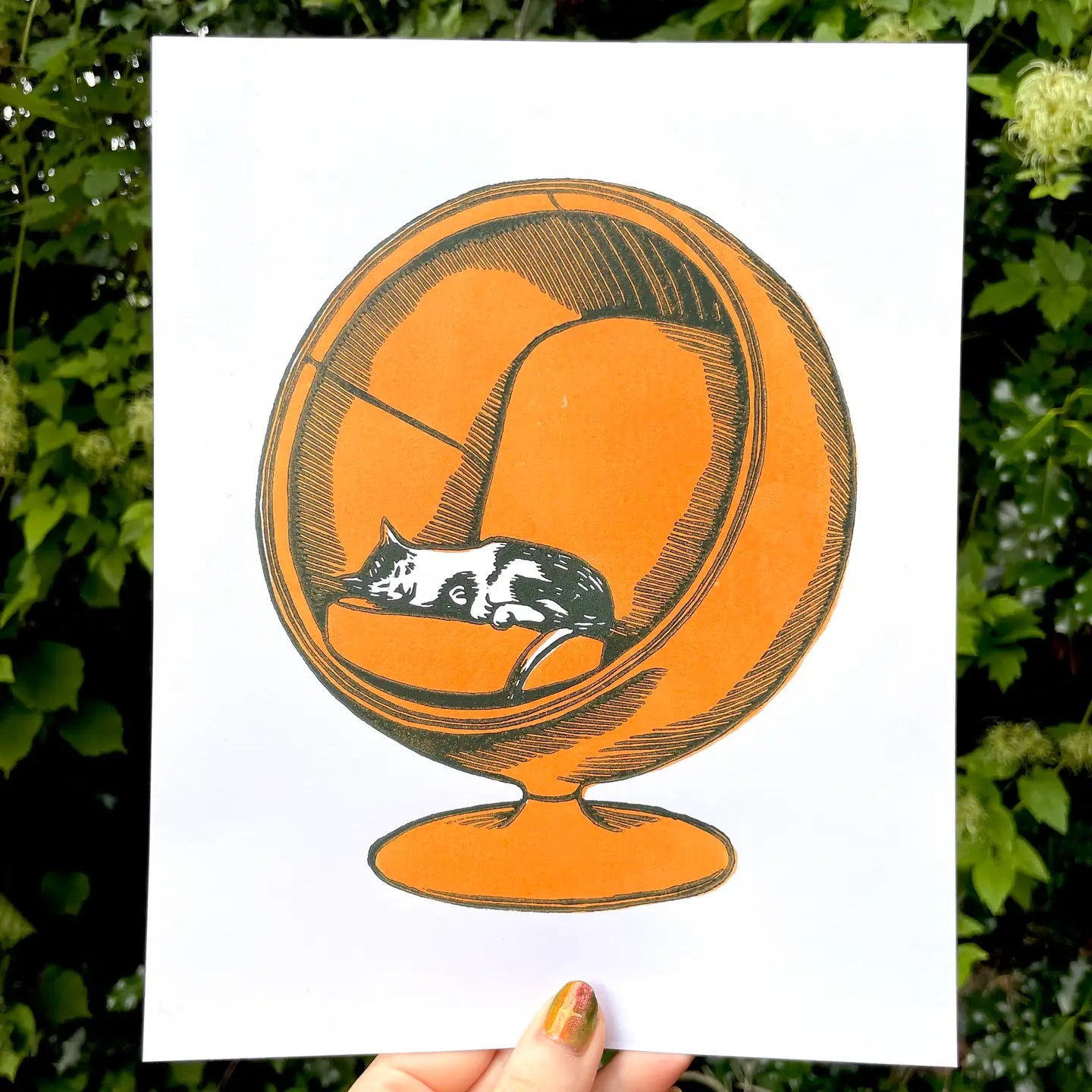 Cat in MCM Ball Chair 8"x 10" Linocut Art Print