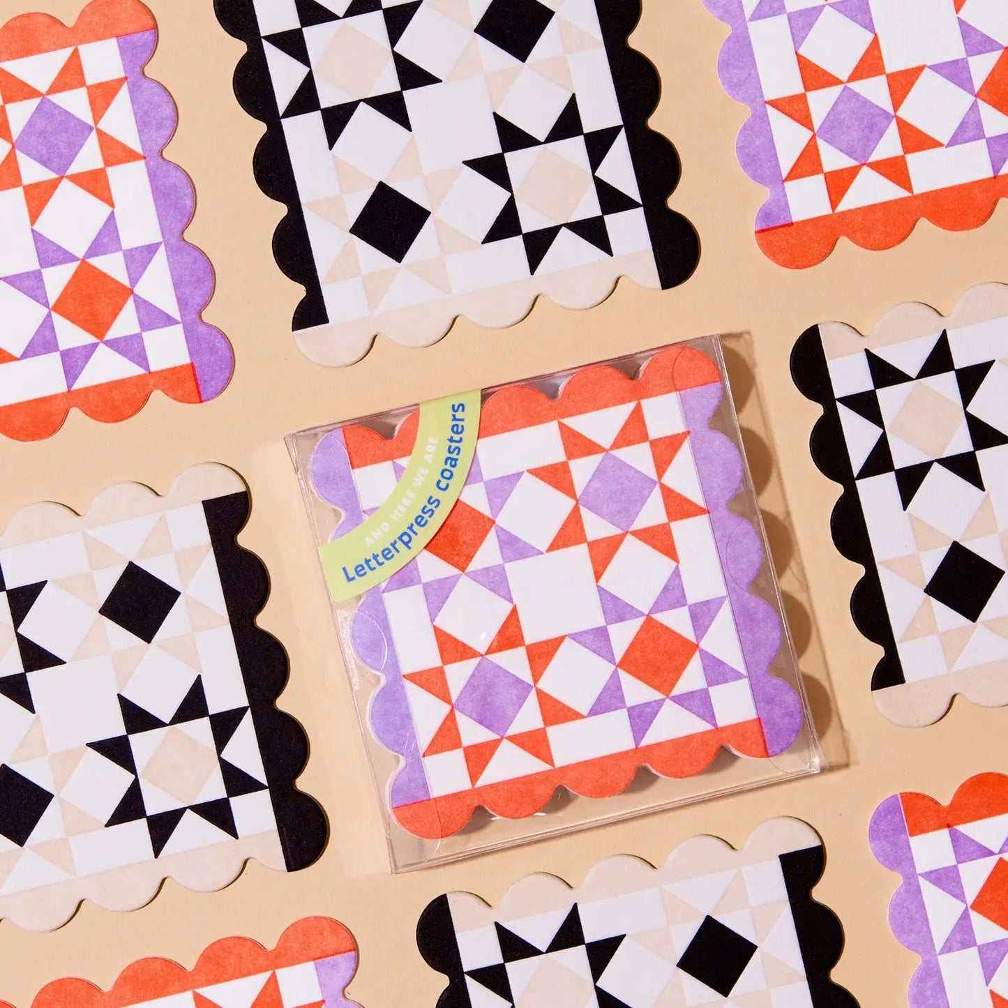Mod Quilt Scalloped Letterpress Coaster Set