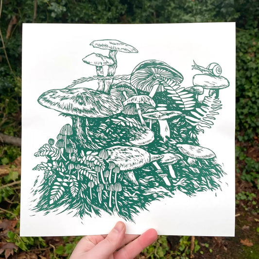 Mushroom Forest 11" x 11" Linocut Art Print