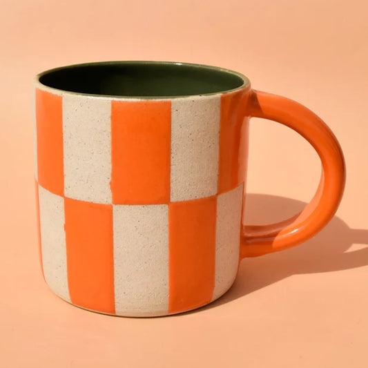 Orange Checkered 16 Oz Wheel Thrown Ceramic Mug