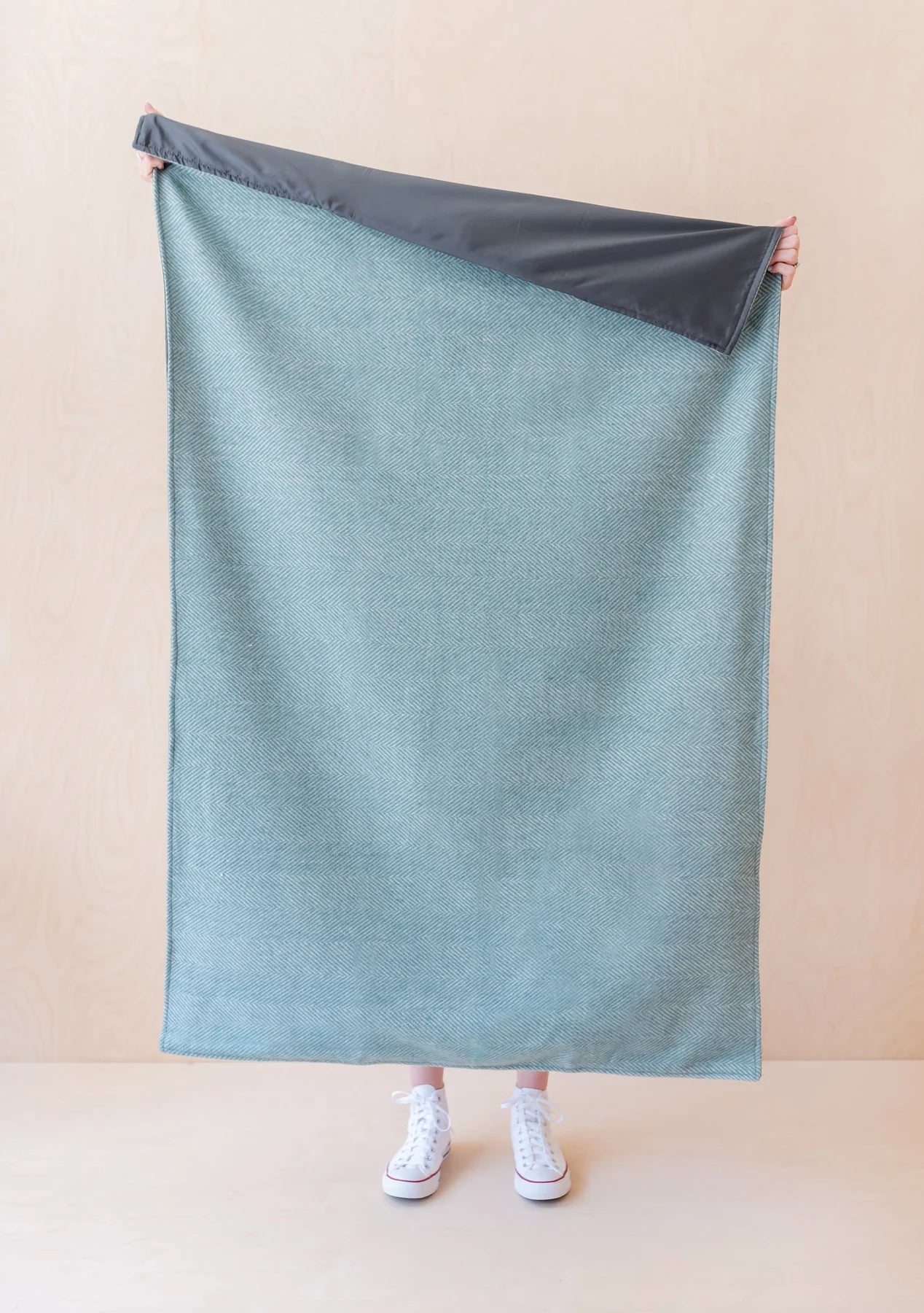 Small Recycled Wool Sage Green Herringbone Picnic Throw Blanket with Handle