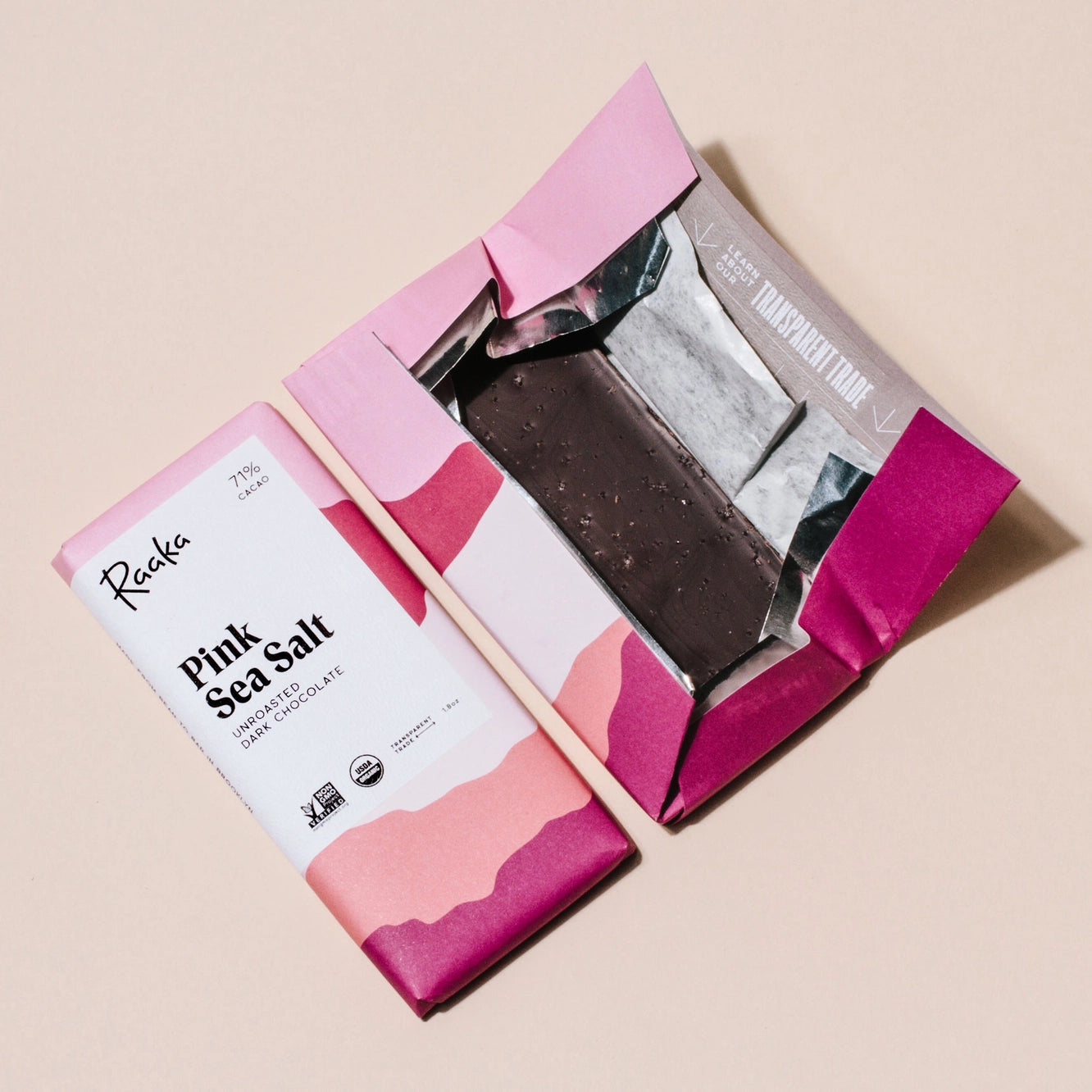 Pink Sea Salt Unroasted 71% Dark Chocolate Bar