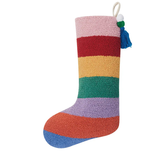 Rainbow Stripe Hooked Wool Holiday Stocking with Tassel