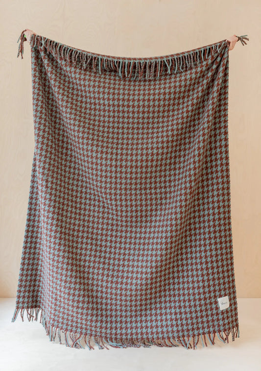 Recycled Wool Green & Rust Houndstooth Throw Blanket