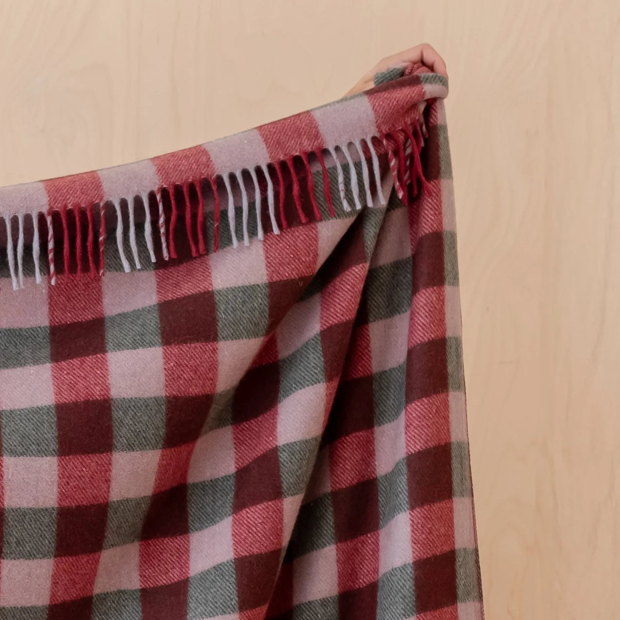 Recycled Wool Lilac, Red & Green Gingham Plaid Throw Blanket