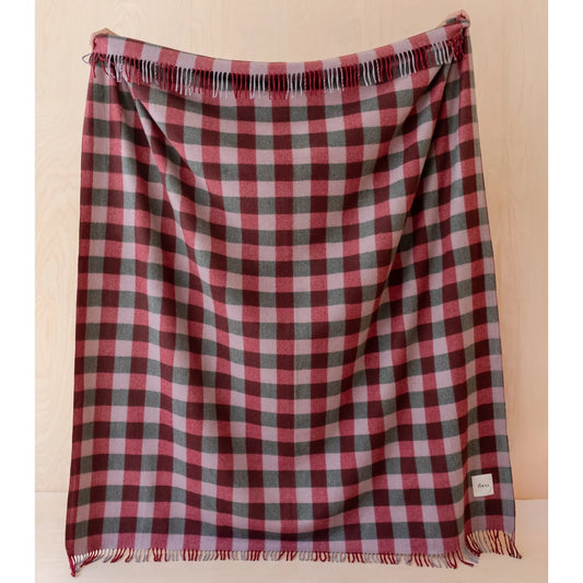 Recycled Wool Lilac, Red & Green Gingham Plaid Throw Blanket