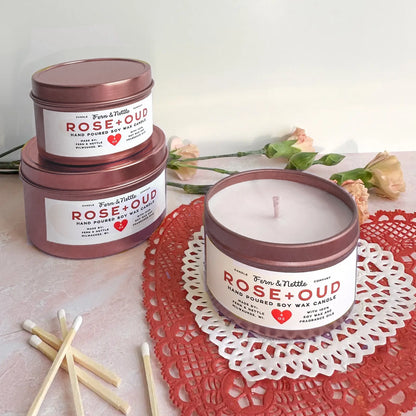 Rose & Oud Soy Wax Rose Gold Candle Tin