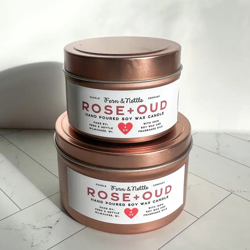 Rose & Oud Soy Wax Rose Gold Candle Tin