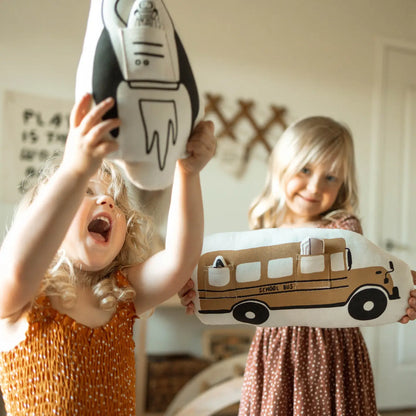 Interactive School Bus Screen Printed Canvas Pillow