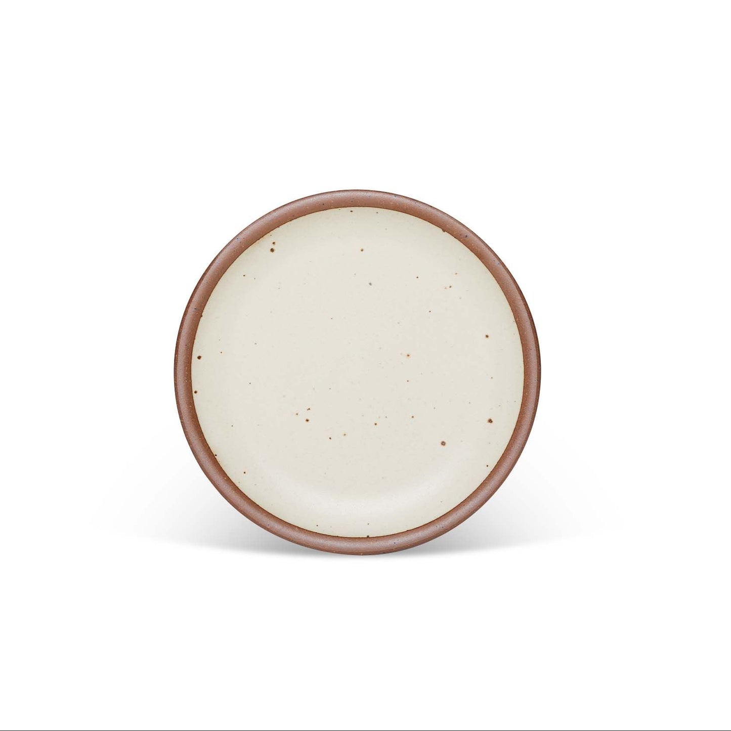 handmade ceramic side plate with a brown rim on a white background