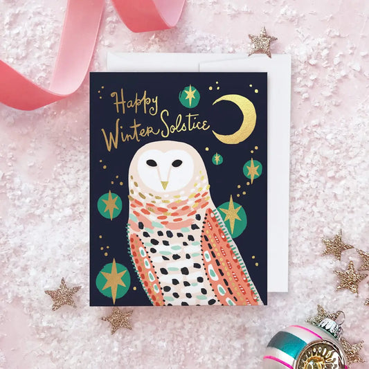 Happy Winter Solstice Snowy Owl Gold Foil Holiday Card