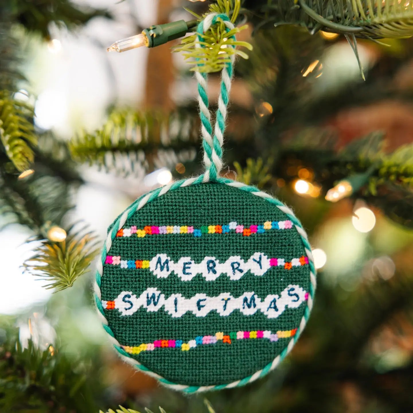Merry Swiftmas Friendship Bracelet Needlepoint Ornament