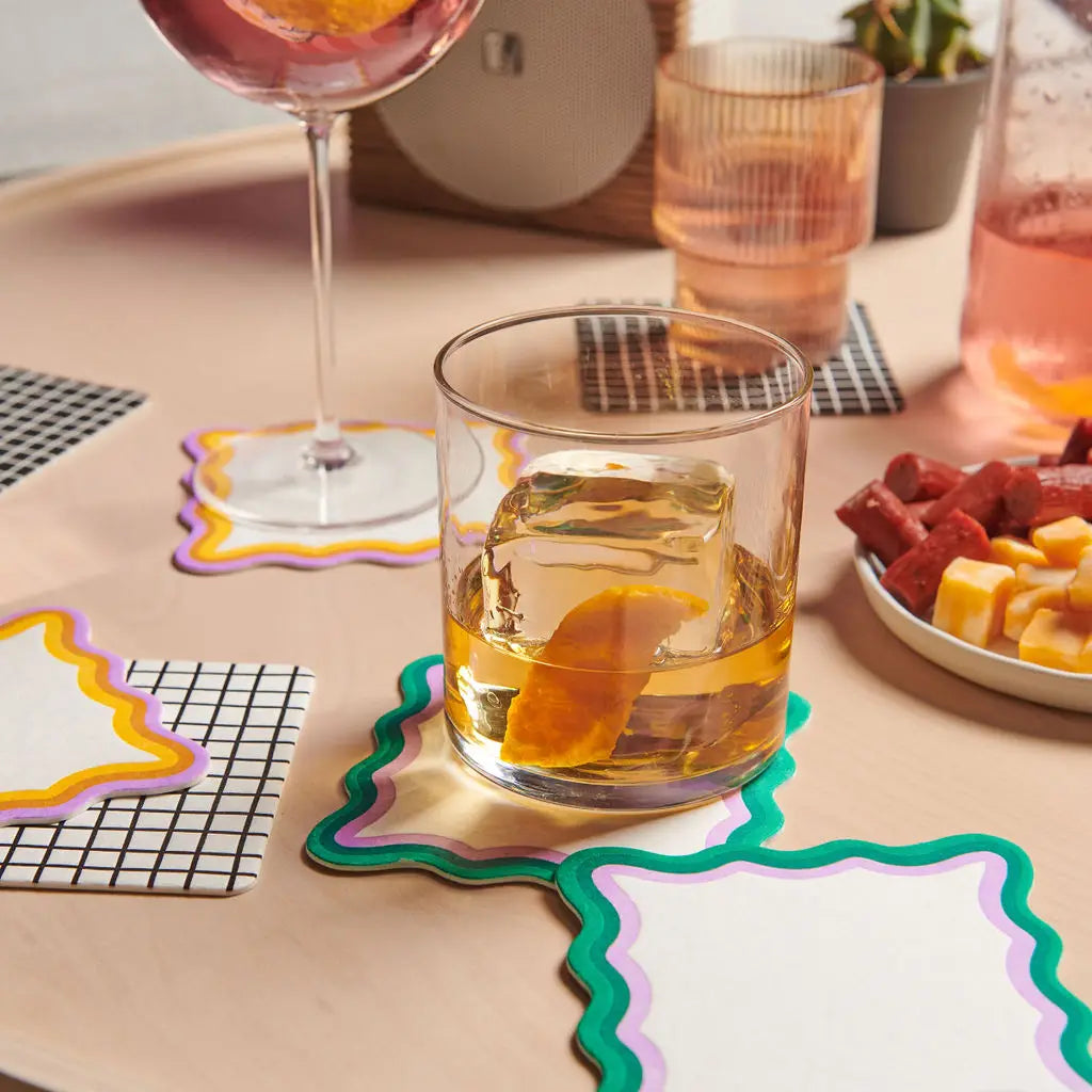 Tea Time Pastel Striped Scalloped Letterpress Coaster Set