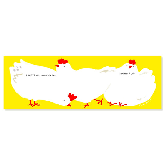 Three chickens on a yellow background adorn a weekly keyboard notepad. 