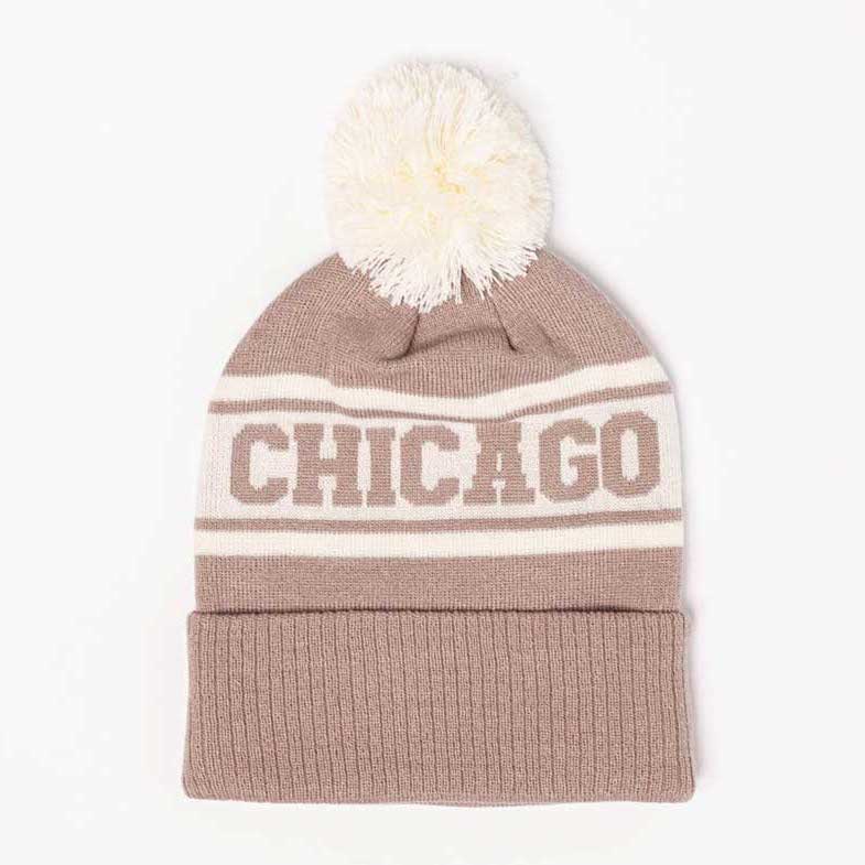 Chicago Block Letter Knit Adult Pom Beanie Hat
