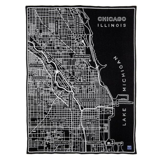 City of Chicago Map Black & White Wool Blend Throw Blanket