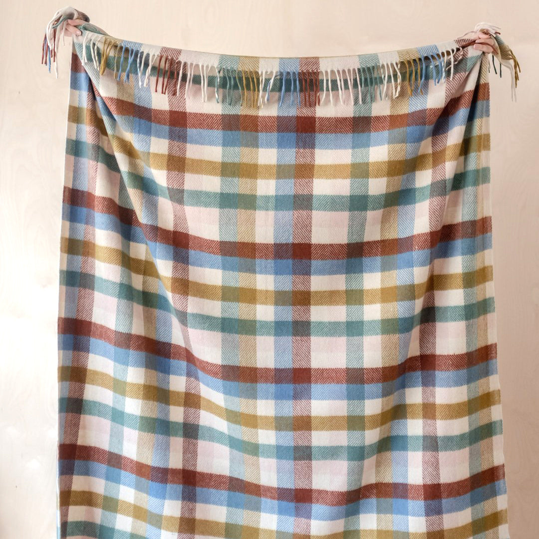 Recycled Wool Rainbow Check Plaid Throw Blanket